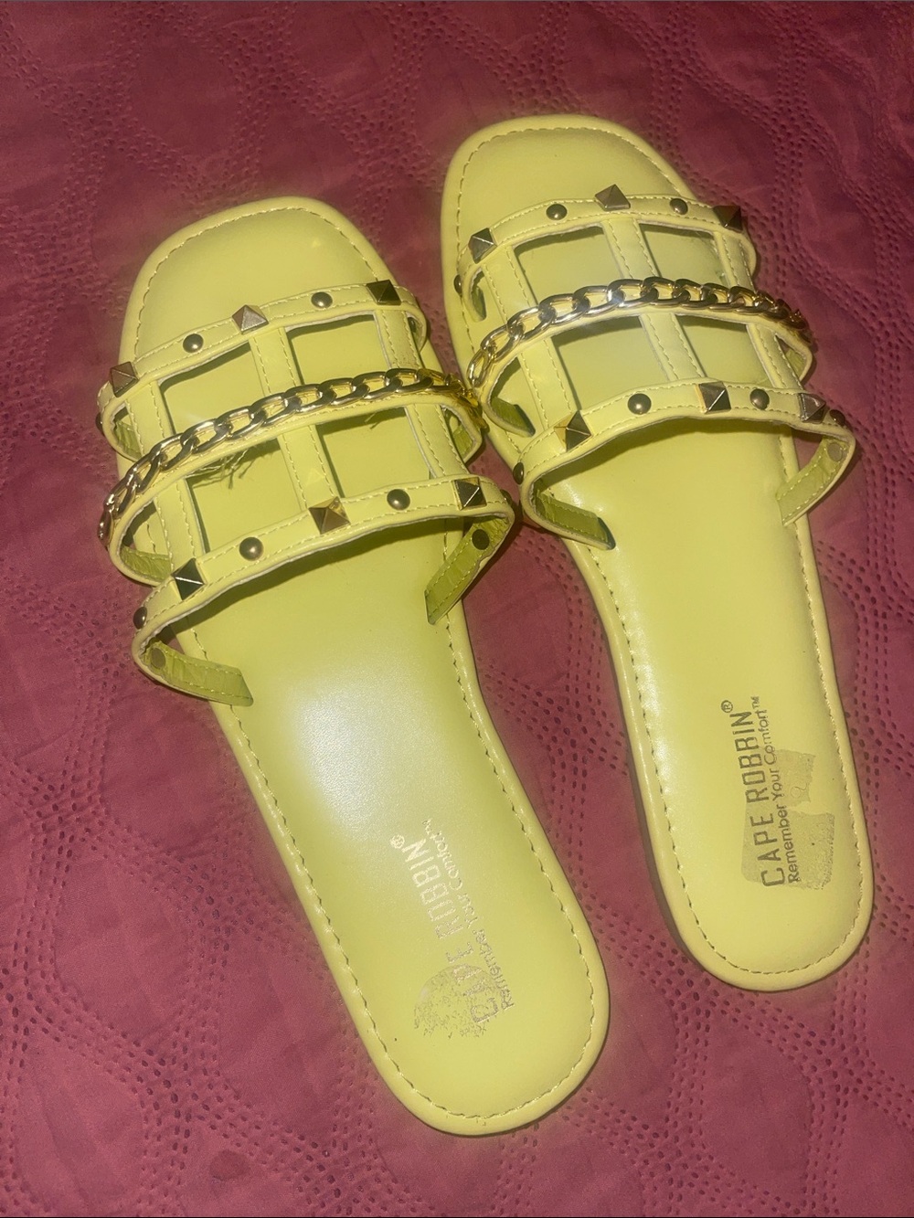 Cape Robbin Yellow Studded Chain Slide Sandals